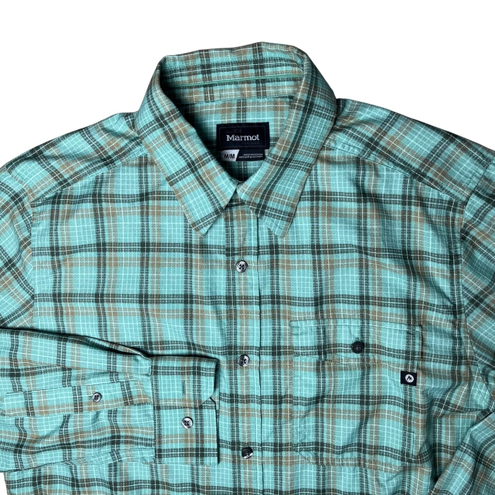 Marmot Button Down Shirt Mens Medium Teal Brown Plaid Long Sleeve Outdoor Hiking